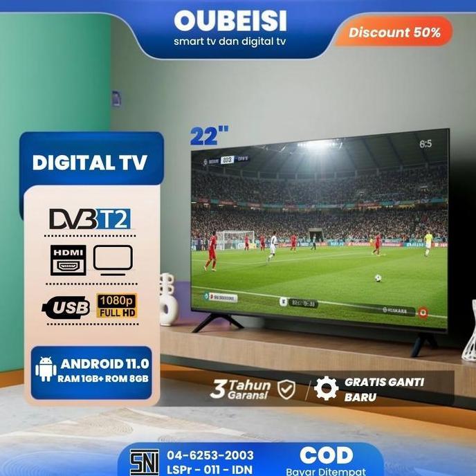 OUBEISI TV LED 21/22 Inch Full HD Digital/SMART Televisi Murah dengan Garansi 3 Tahun & Fitur HDMI, 