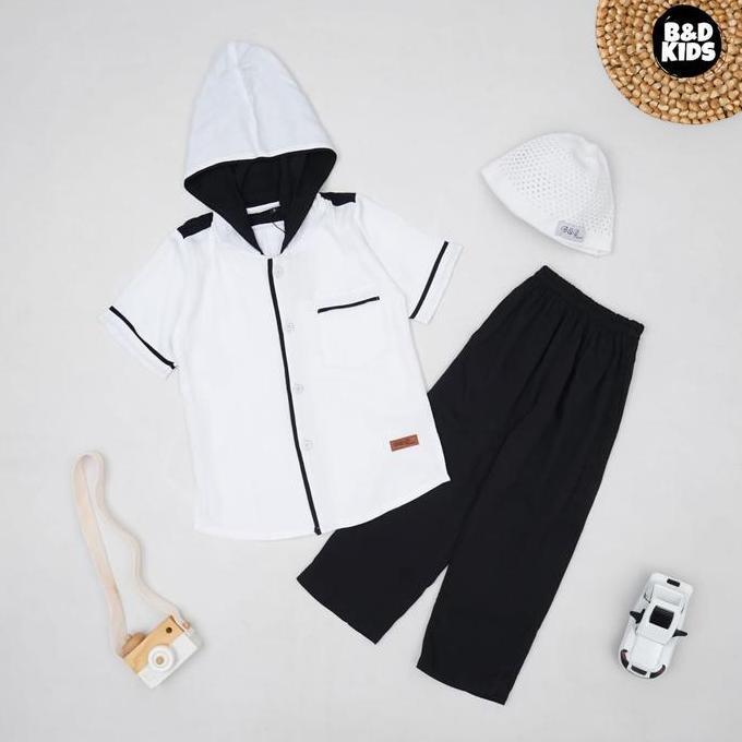 B&D Kidswear Setelan Koko Anak Laki-Laki Lengan Pendek 3-12 Tahun Baju Muslim Model Hoodie Free Peci