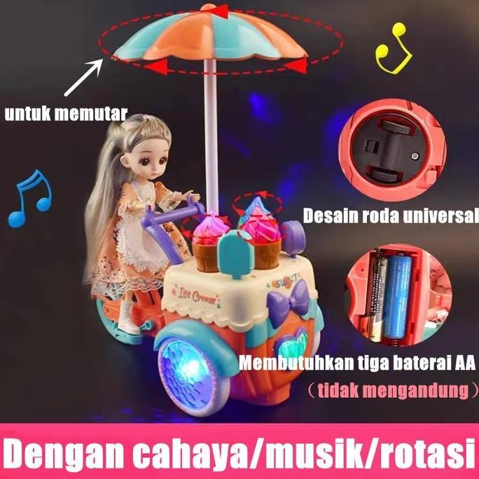 4jamstore - mainan mobil es krim listrik kereta dorong boneka dengan musik dan lampu mainan anak per