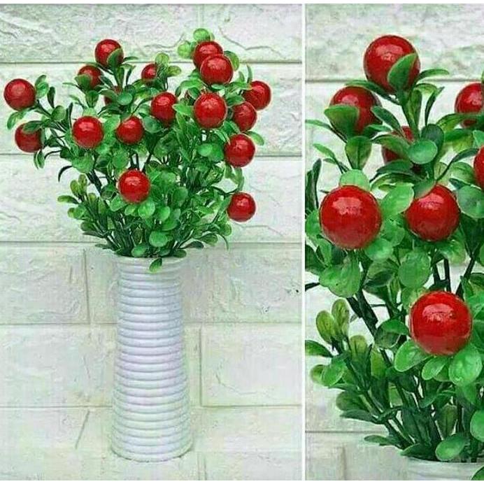 Buah Cerry Tomat Plastik Artificial Palsu Pot Melamin Ulir/Bunga Hias