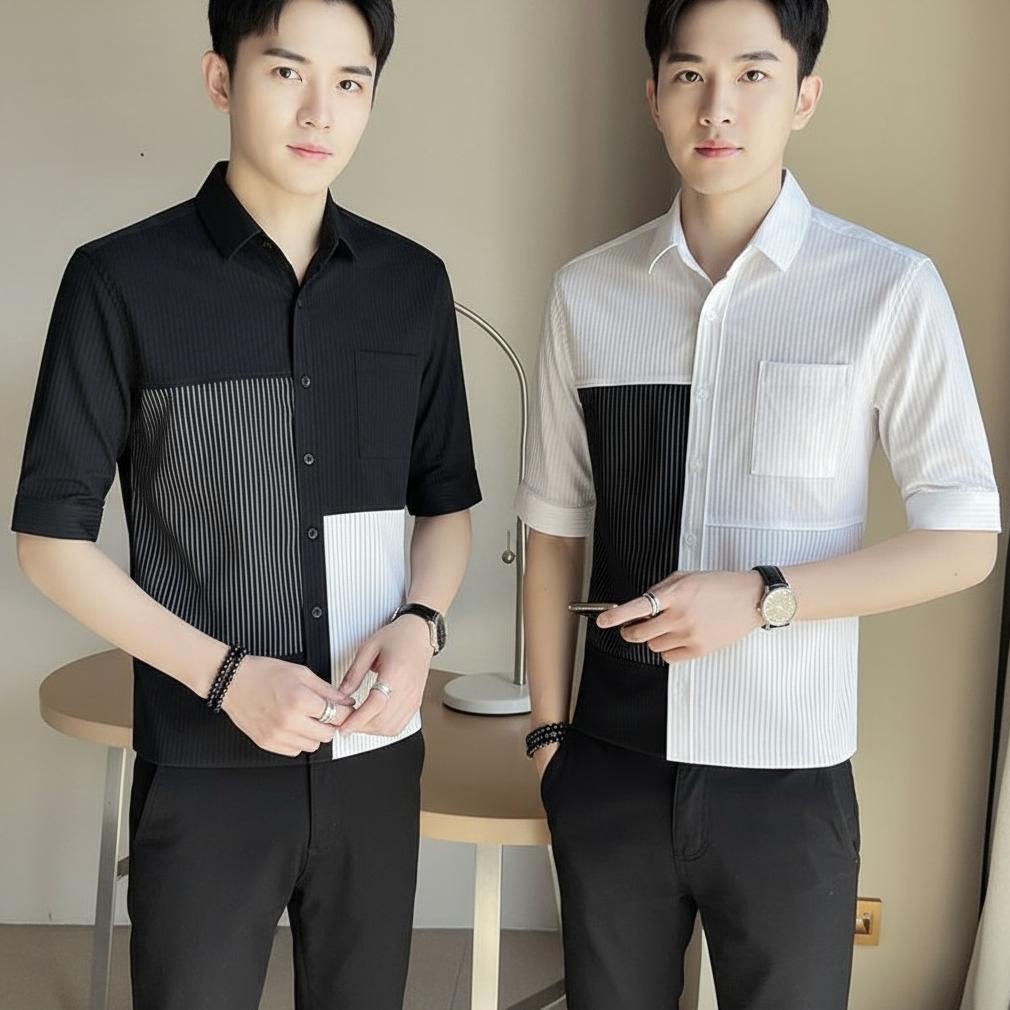 BESTPROMO Kemeja Pria Korean Style Garis Kontras Kemeja Kasual Lengan Pendek Fashion Pria Kekinian S