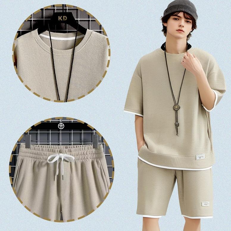 HOT Baju setelan pria 2025 korean Baju Pantai Pria Baju celana pria 1 set Kasual kain waffle baju pr