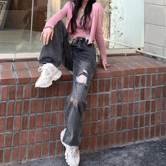 OOTD lulu-jeans new korean celana jeans high waist wanita sobek OOTD