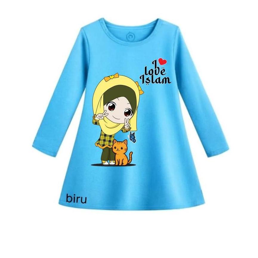 COD Dress Tunik Motif Gambar Kartun Gamis MUSLIM HIJAB Kuning Anak Perempuan Lengan Panjang Usia 3-1