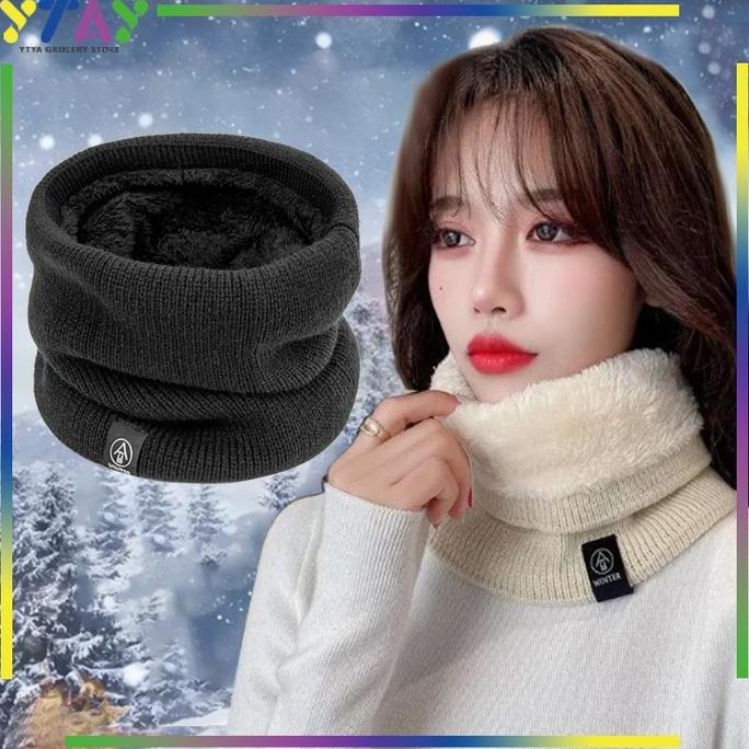 TENNIME Syal Leher Gaya Korea Rajut Tebal 2 Lapis Bahan Fleece Hangat Pria & Wanita Syal Motor