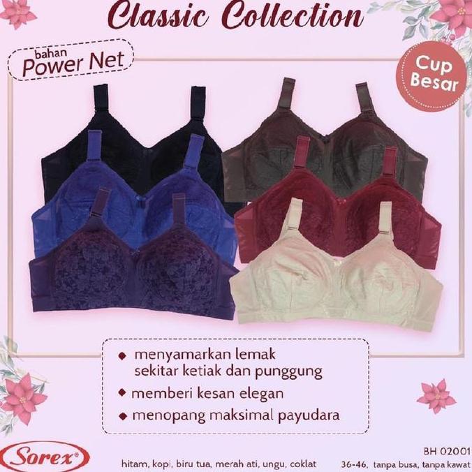 NEW SOREX BRA JUMBO WANITA CLASSIC BROKAT 02001 - BH TANPA BUSA TANPA KAWAT CUP BESAR KANCING 3 UKUR
