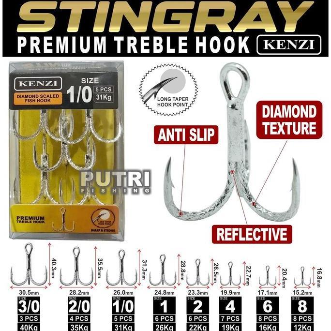 Mata Kail Stingray Premium Treble Hook | Kail Pancing 3 Mata Diamond Texture | Anti Slip | Tahan Kar