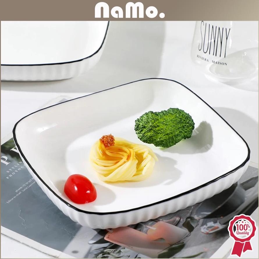 BEST SELLER NAMO GIFT - PIRING MAKAN KOTAK KERAMIK PUTIH LIST BLACK YAMADA STYLE/ PIRING PERSEGI JAP