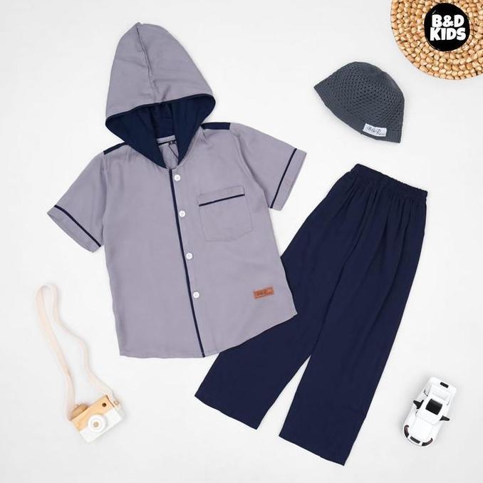 B&D Kidswear Setelan Koko Anak Laki-Laki Lengan Pendek 3-12 Tahun Baju Muslim Model Hoodie Free Peci