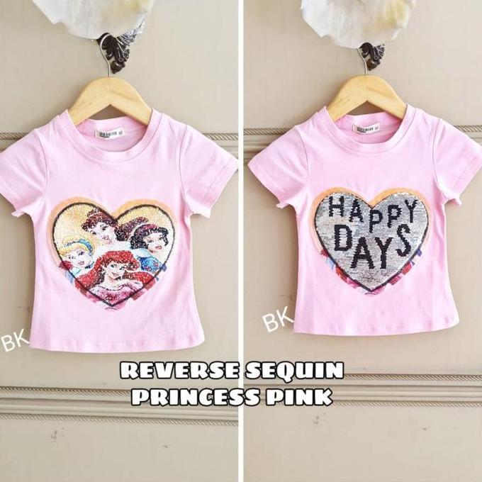 KAOS REVERSE SEQUIN PRINCESS snow white ariel cinderella belle anak