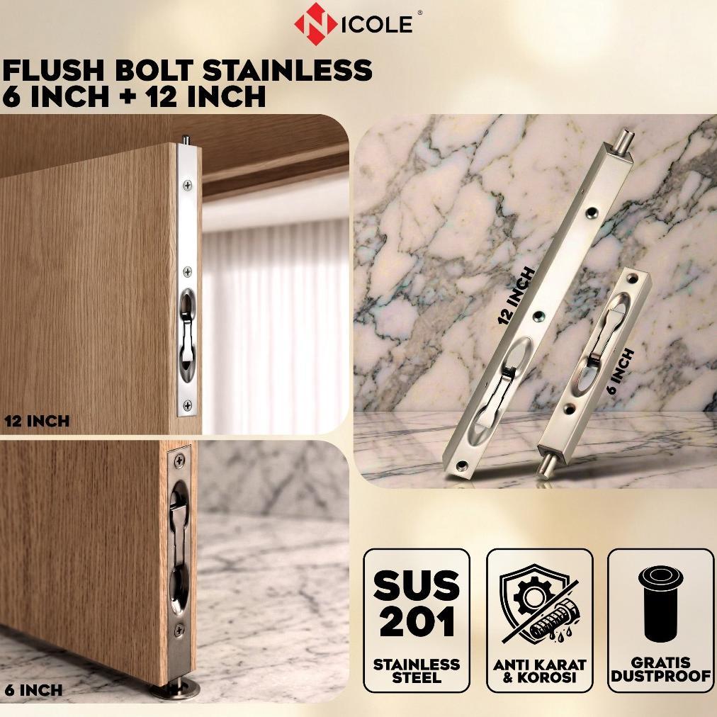 Nicole 1 Set Grendel Tanam Stainless Pintu Kupu Dobel Grendel Slot Pintu Flush Bolt Anti Karat