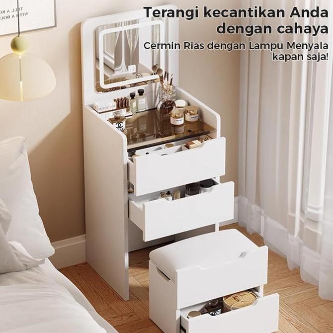 Etife Meja Rias Minimalis Flip Top dengan Cermin Lampu | Meja Rias Mini Multifungsi + Laci Penyimpan