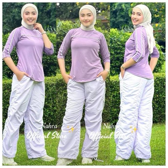 Lansungkirim- Nahra Setelan Atasan Double List & Cargo Ritzuka - Baju Senam Bahan Spandek & Celana B