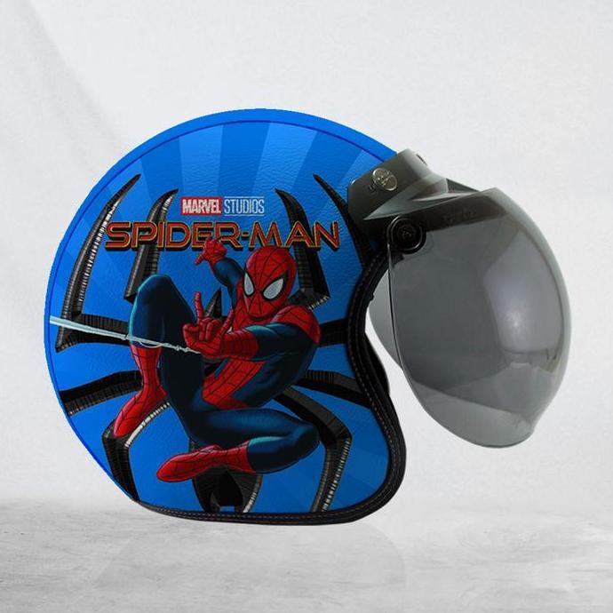 Helm Bogo Anak Dan Dewasa Retro Kulit Motif Spiderman Dan Hulk Marvel Heroes Kaca Bubble Halfface