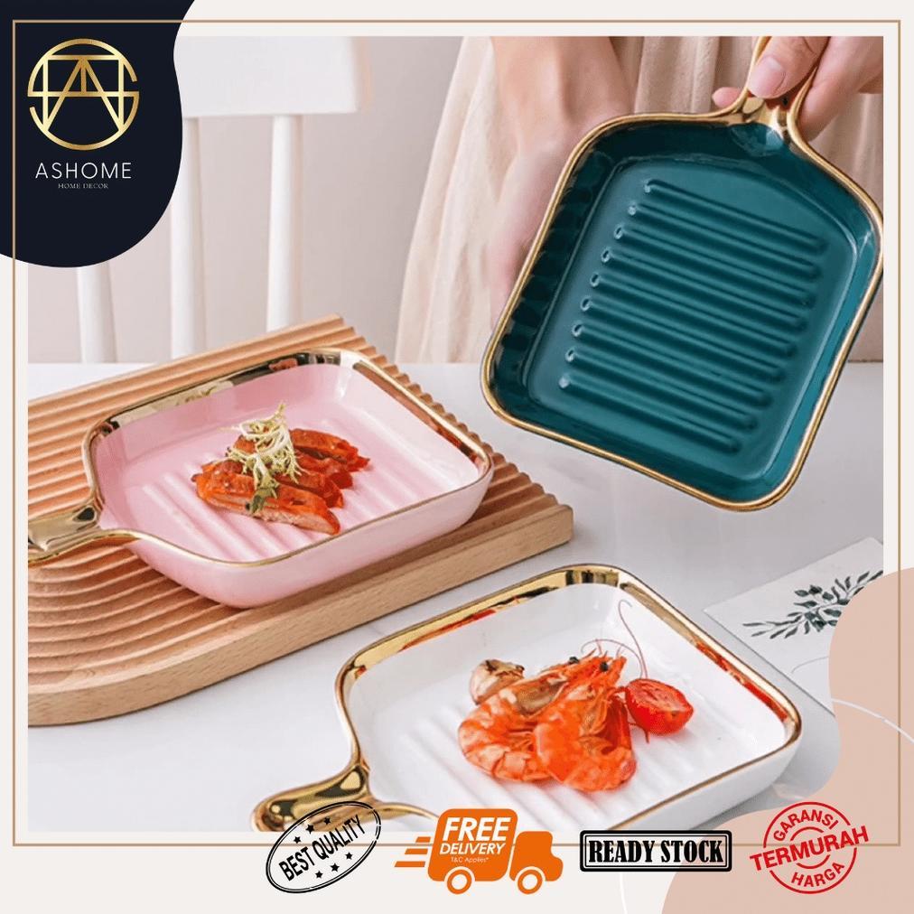 ASHOME Piring Gagang Keramik Motif Garis Bentuk Kotak Dengan Gagang Warna Emas Elegan Mewah / Panci 
