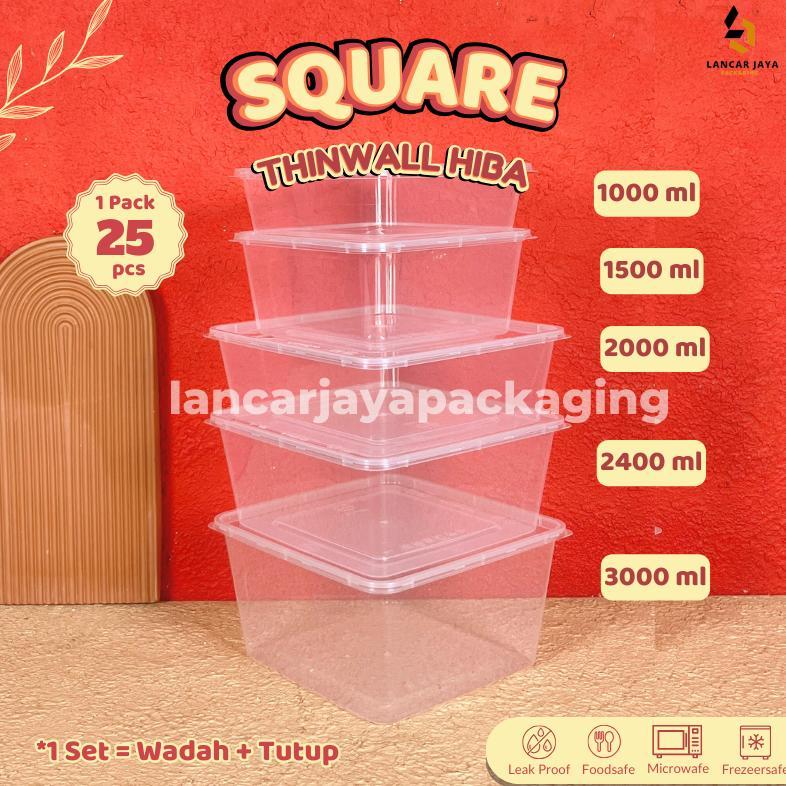 Hiba Thinwall Square Kotak Makan Plastik Persegi Wadah Nasi Berkat Kue 1000 1500 2000 2400 3000 Ml