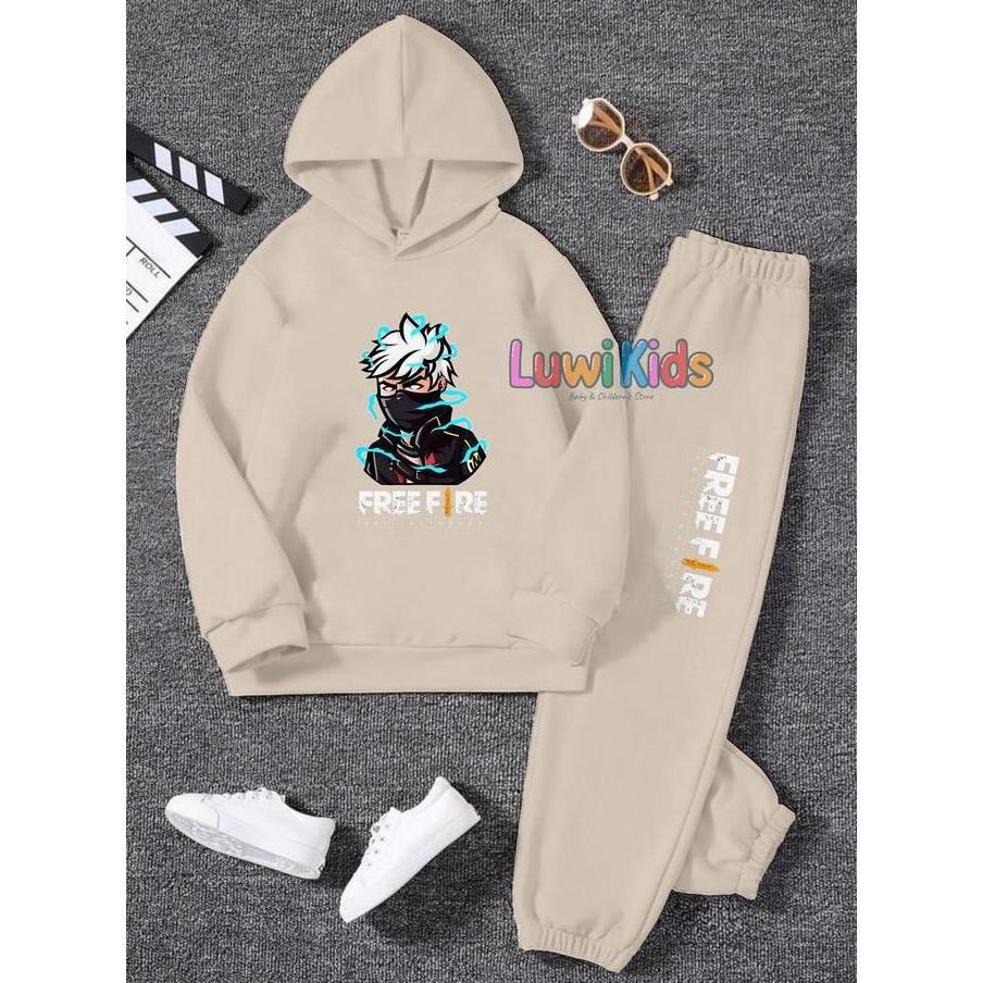 Happykid- Luwi Kids Setelan Sweater Hoodie Topi Anak Remaja Gambar Ff Aura Baju Celana Fashion