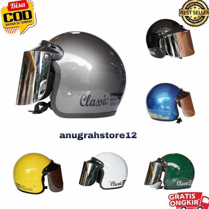 Helm Bogo Dewasa Retro Full Leher  Pria Wanita Kaca Datar Silver