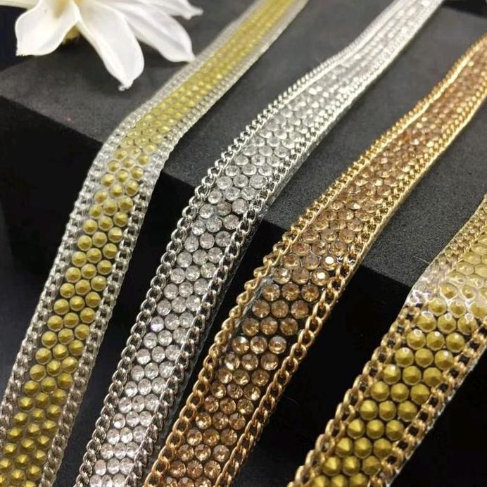 Renda Permata Golden Iron Chain Drill Glue Dress Lace 1 Yard 10mm & 15mm Premium Quality Mewah Elega