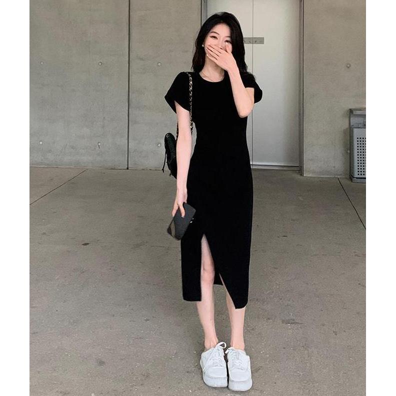 (7825) midi dress hitam press body panjang Wanita party dress Korean Style Aesthetic baju undangan w