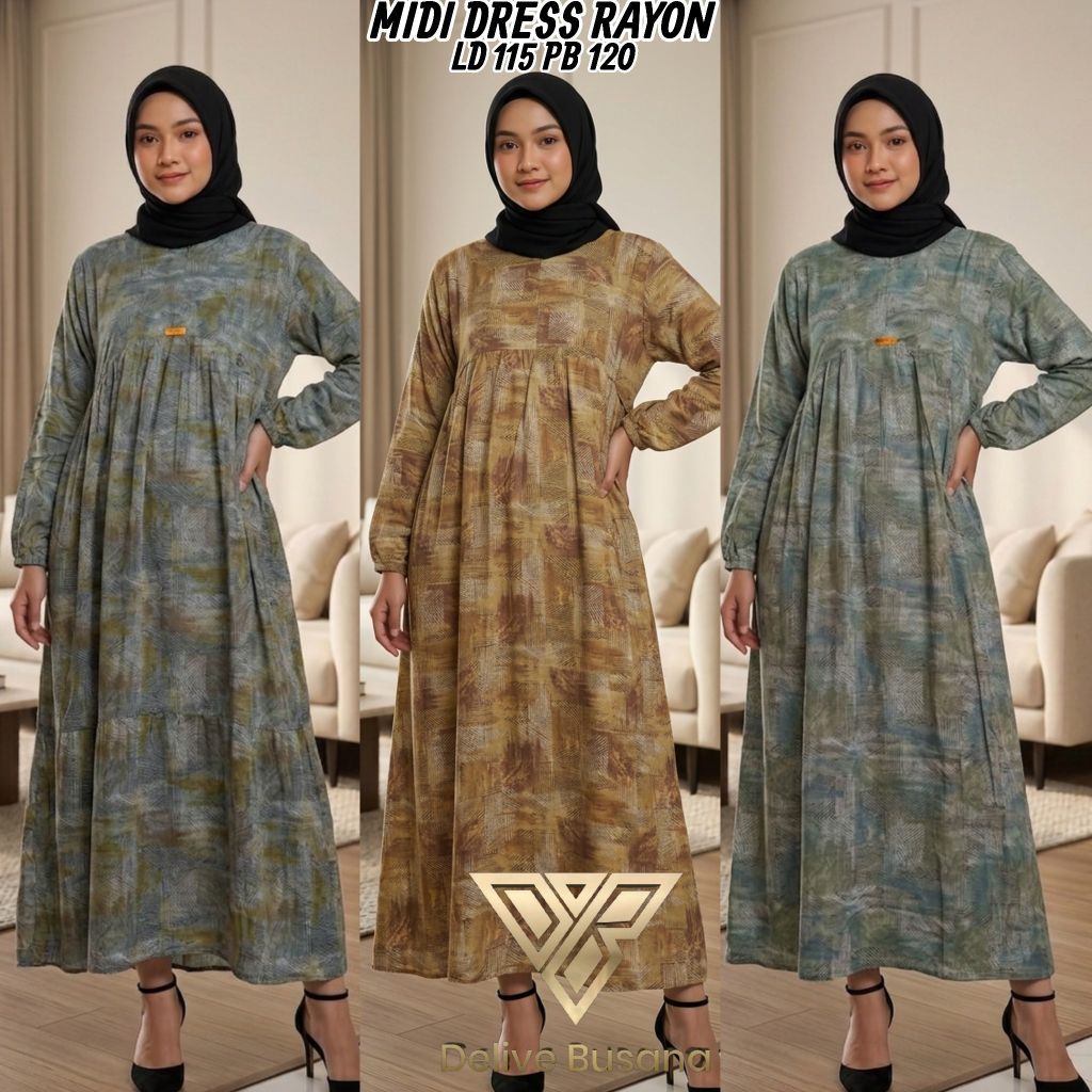 Midi dress rayon motif hitam || Midi dress rayon motif bunga||Midi dress dewasa