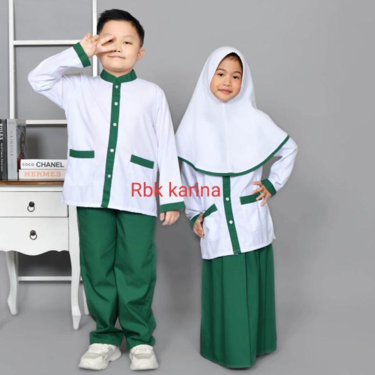 Termurah / Hot Sale Seragam Sekolah Madrasah Dan Paud Tk Muslim Cowok Putih Hijau