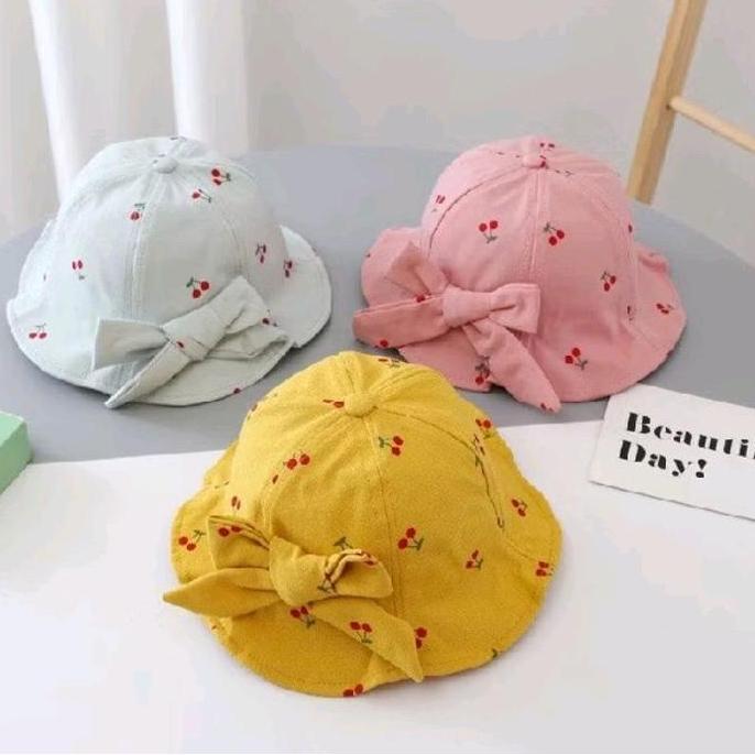 IMPORT | Topi Bucket Anak Perempuan Pita Cherry Fashion Hat