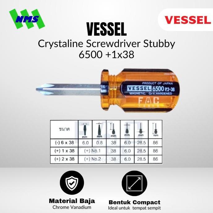 Ready Obeng Pendek VESSEL 6500 Crystaline Screwdriver Stubby Bantet Cebol Plus Kembang