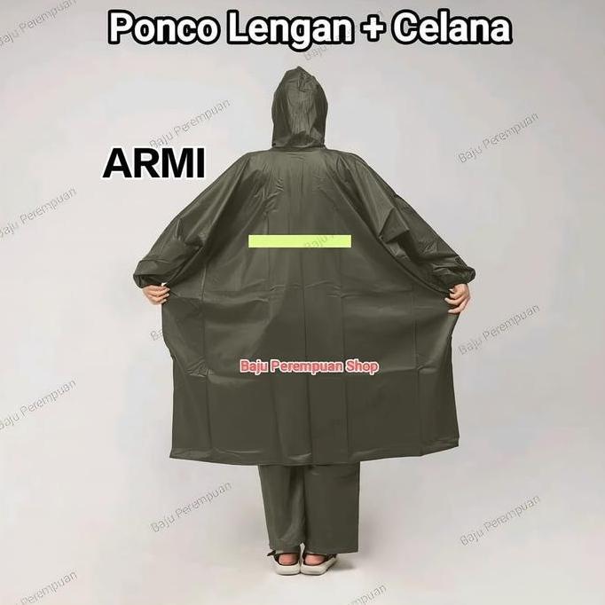 Setelan Jas Hujan Ponco Lengan + Celana PVC 100% Waterproof Bahan Mirip Axio Dewasa Ukuran Besar