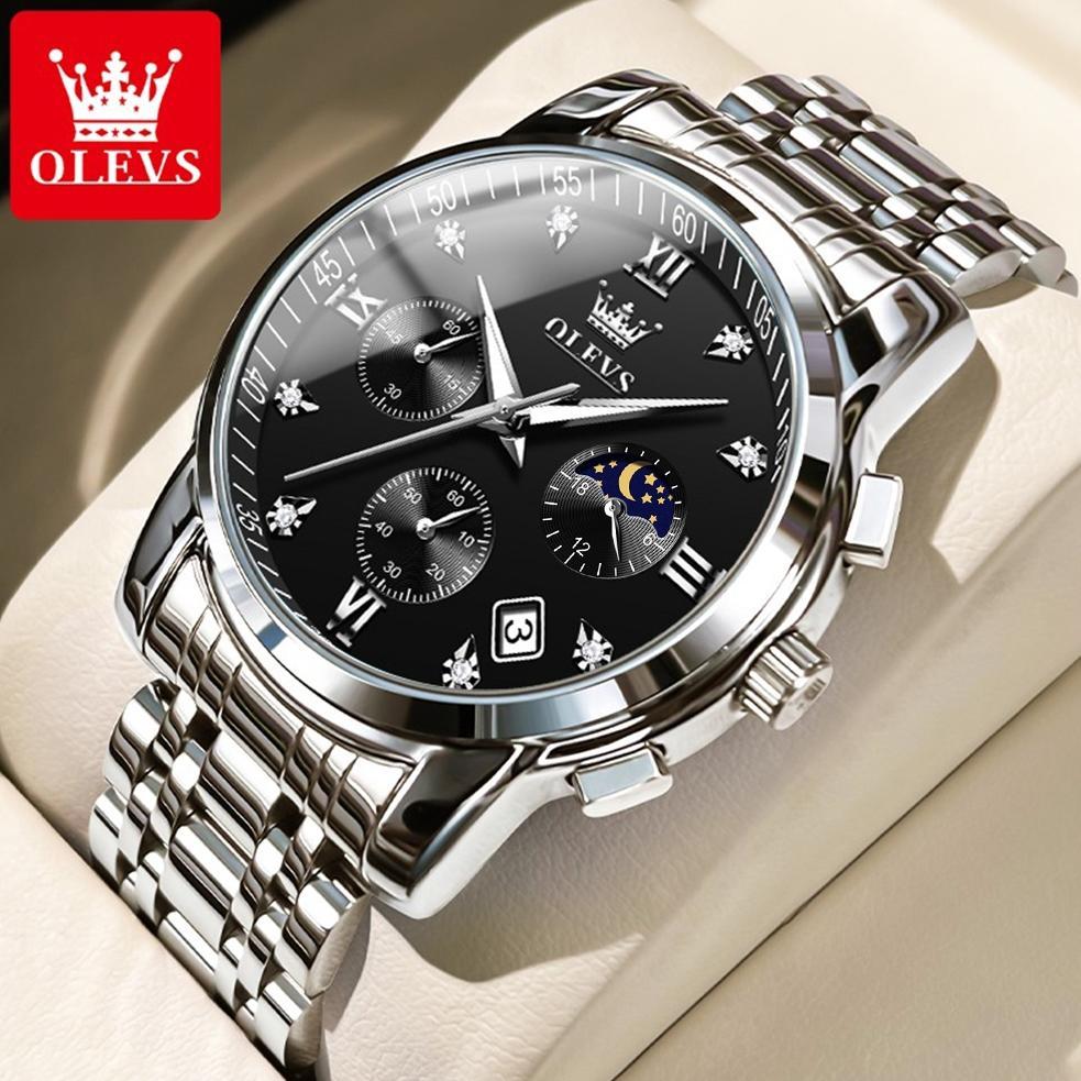 MURAH OLEVS Jam Tangan Pria Anti Air Original Stainless Steel Chrono Aktif Cowok Luminous Kalender A