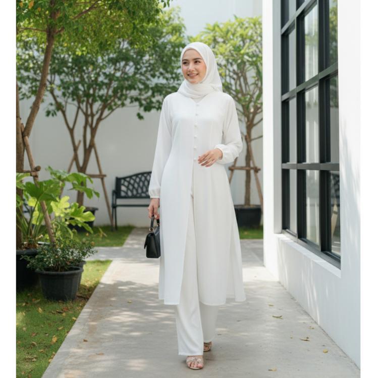 BESTPROMO Set Baju Tunik Muslim Long Dress Premium - Outer Tunik Panjang Polos - Atasan dan Celana S