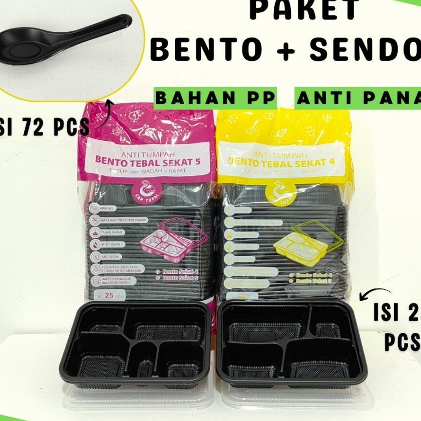 Paket Thinwall Bento Tupai Hitam Sekat 4, Sekat 5 + Sendok Thinwall Bento Hitam / Kotak Bekal Hitam 