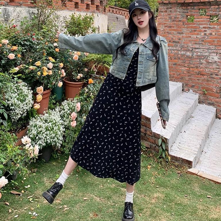 Cuci Gudang Newlan Qz210 Dress Wanita Motif Bunga Korean Fashion Sexy Overal Dress Korea Style U Nec