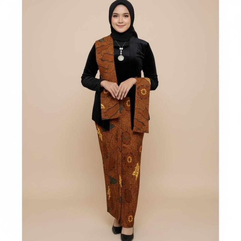 Free Ongkir Setelan Kebaya Kutu Baru Bludru Warna Hitam / Kebaya + Selendang + Jarik Wiru Plisket