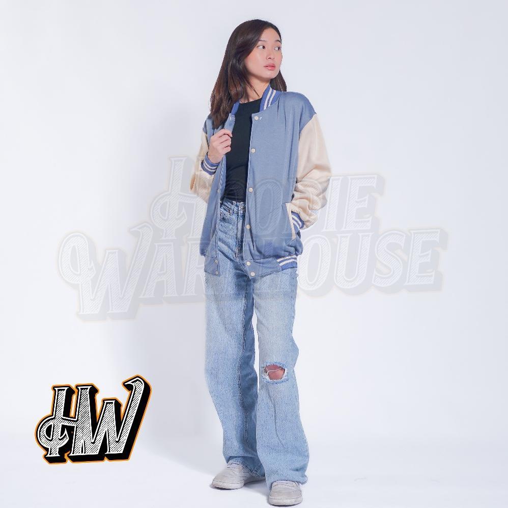 PROMO JAKET BASEBAL VARSITY KANCING DENIM TANGAN CREAM POLOS PRIA DAN WANITA UNISEX M-XXL