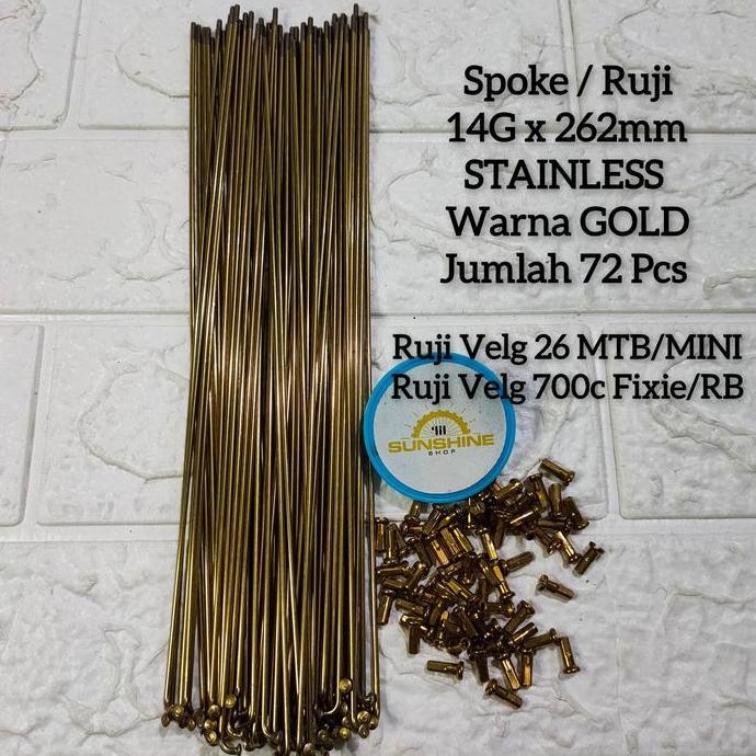 Ready Spoke Ruji Jari 262mm STAINLESS Warna Kuning GOLD 14G x 262 Untuk Velg Rims Sepeda Roadbike Fi