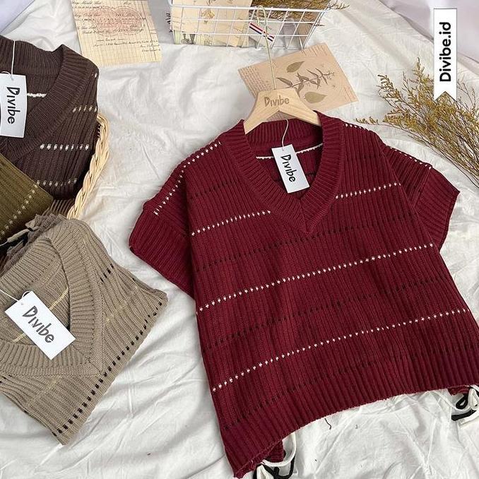 Lansungkirim- Elira Vest Knit - Rajut Atasan Wanita - Motif Batwing Garis