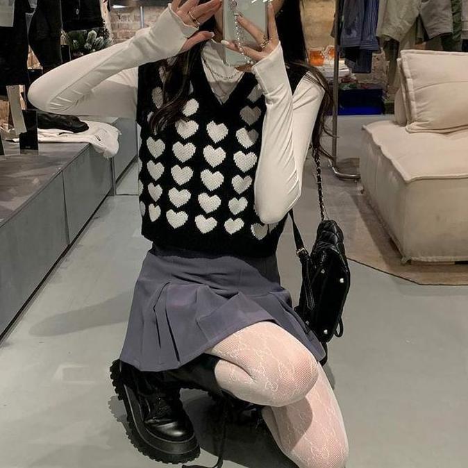 Lansungkirim- Rompi Wanita Love Vest Rompi Rajut Wanita Kekinian Outer Wanita Polos V-Neck Santai At