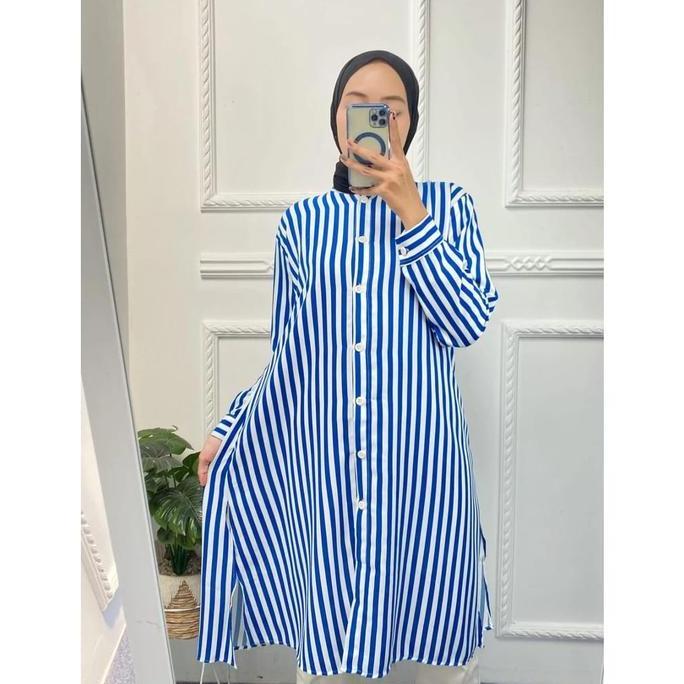 Termurah / Hot Sale Long Tunik Salur Shakila Terbaru 2024 Import Jumbo Full Kancing Korea Style Eleg