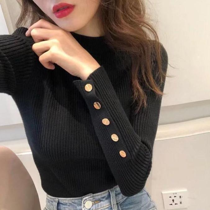 Atasan Rajut Inner Jumbo 7017-2 dengan Kancing Aktif - Knitwear, Wanita  Oversize Baju