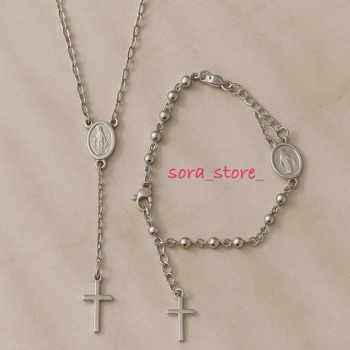 Sparkling- Set Gelang Dan Kalung Rosario Unisex Titanium Lapis Emas Asli Anti Karat Anti Pudar Anti 