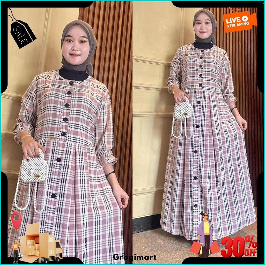 Gamis Casual Motif Kotak Full Kancing Produk Viral