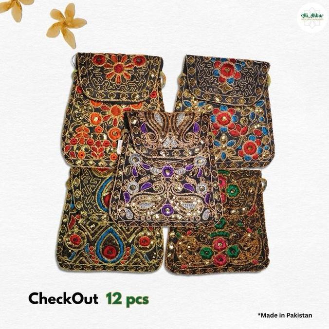 Tas Wanita 1 Lusin/12 Pcs Tas Selempang/Dompet Selempang Pakistan Bordir Payet 20X21 Cm Oleh-Oleh Ta