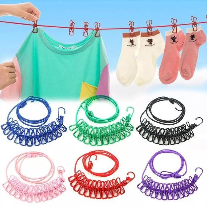 TERLARIS TALI JEPITAN JEMURAN PAKAIAN 12 JEPIT PORTABLE BAHAN KAWAT BESI / TALI JEMUR / TALI GANTUNG