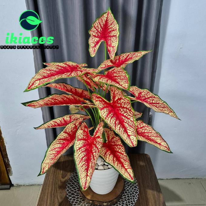 Daun Keladi Hias Plastik Pot Bunga Sudut Rumah Daun Caladium Jumbo Artifisial Dekorasi Tanaman Hias 
