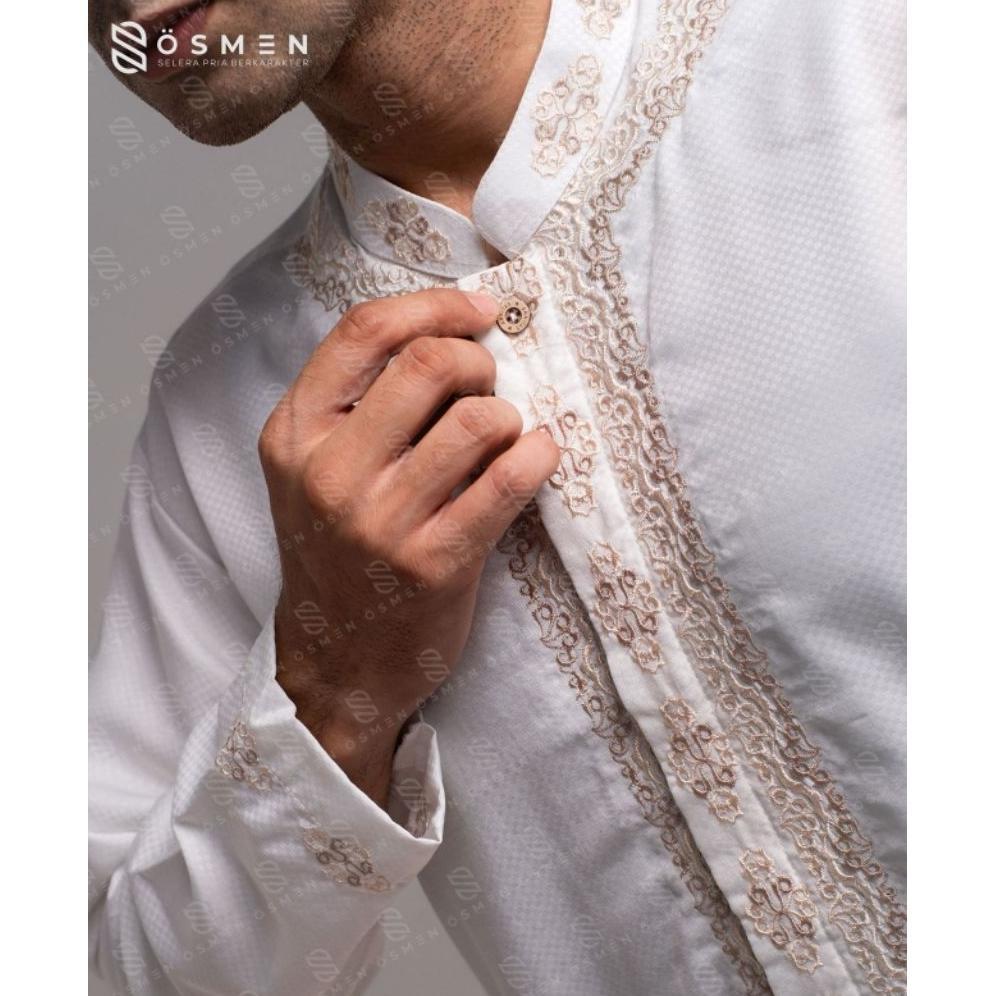 Garansi Baju Koko Muslim Bordir Lengan Panjang Putih Tulang Bahan Sutra Kenzi Jaguar