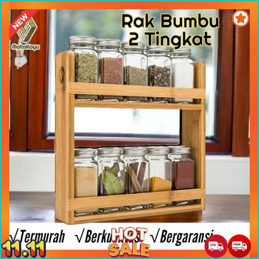 Rak Bumbu Dapur Toples 2 Tingkat Rak Penyimpanan Bumbu Meja Dapur Rak Kayu [M1]