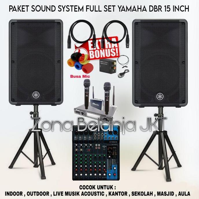 TERLARIS PAKET SOUND SYSTEM INDOOR OUTDOOR FULL SET YAMAHA DBR 15 INCH MIXER YAMAHA 10 CHANNEL GARAN