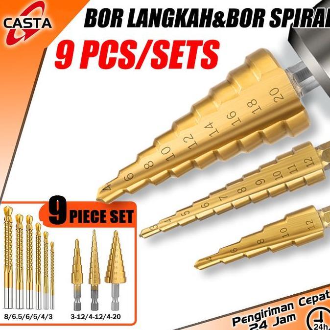 PHLOX CASTA Paket 2 Jenis Mata Bor HSS Titanium, Bor Langkah dan Bor Gergaji Set 9 Pcs, Cocok untuk 