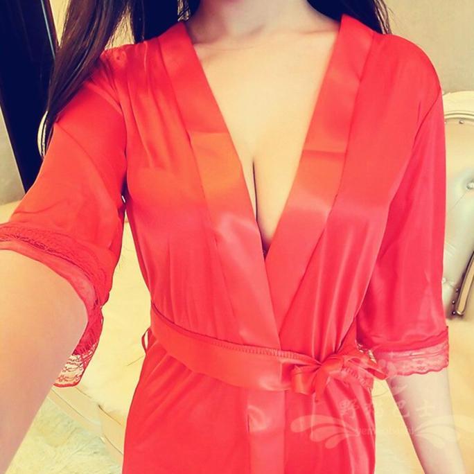 [Nl] Lingerie Wanita Sexy Perempuan Dress Kimono Satin Gloss Baju Tidur Tempting Seksi Wanita Peremp